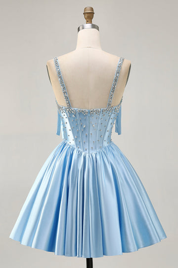 Satin Blue Corset A Line Homecoming Dress with Beading